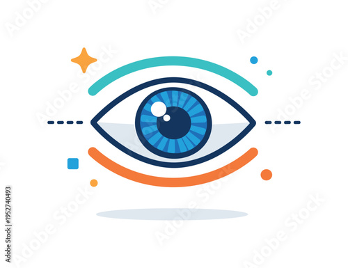 Biometric authentication objects focused on an eye icon paired with scanning arcs and tiny spark elements, suggesting iris recognition and advanced personal