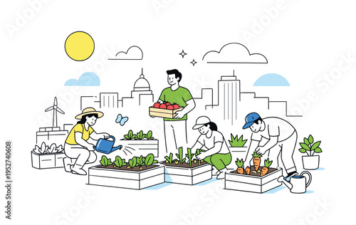 Urban farms. Green plants growing on city rooftops, people tending raised beds, simple buildings outlined behind. Fresh, sustainable city life with nature