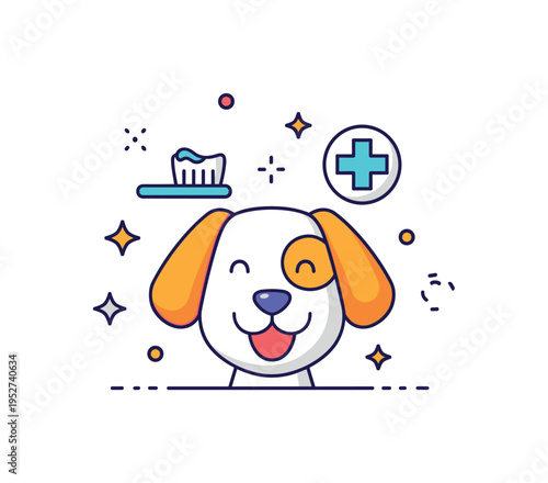 Pet dental care scene illustrated by a smiling dog with a tiny toothbrush icon and medical cross accent to symbolize oral hygiene and preventive treatment. The