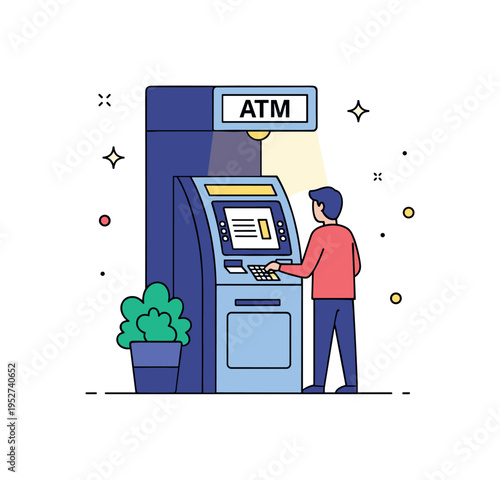 ATM machine depicting a night scene with a person using the machine under a soft light, conveying security, accessibility, and safe urban banking. Minimalist