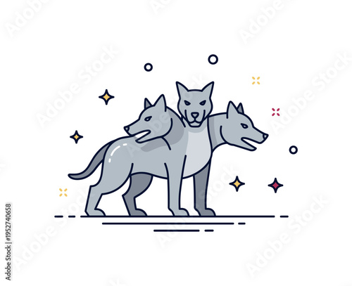 Cerberus symbolic strength concept featuring a three headed dog standing over a minimal ground line with small star accents emphasizing dominance. The compact