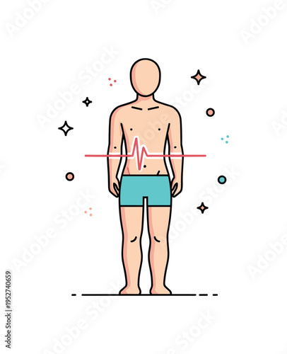 Body awareness practice standing figure with subtle pulse line flowing smoothly across the torso. A clean and modern editorial illustration about tuning into