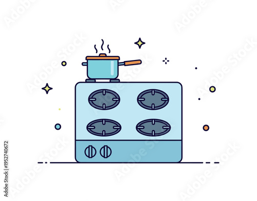 Stove modern kitchen range with four burners and a small steaming pot on top, expressing everyday cooking comfort and home meal preparation. Minimalist flat