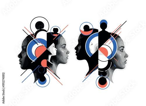Black and white human profiles facing different directions, intersected by abstract geometric shapes and overlapping circular halos symbolizing