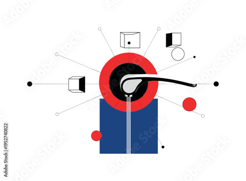 Black and white flush handle detail enlarged centrally, bold red circular accent centered behind the handle, deep blue rectangle grounding lower composition,