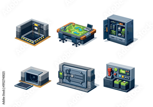 Secret base. Isometric flat vector icons set of secret base: underground elevator shaft, map strategy table, equipment locker cabinet, ventilation duct