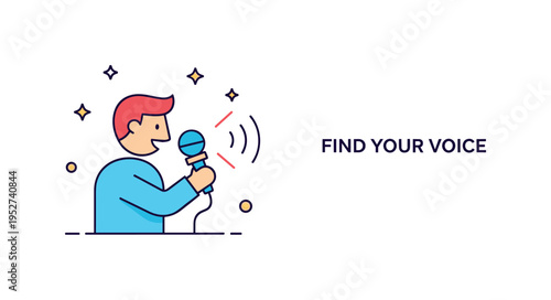 Public speaking confidence concept featuring a simplified figure holding a microphone with small sound wave accents radiating outward, symbolizing voice