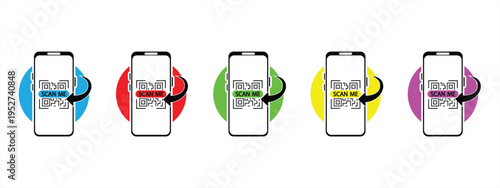 QR code scanning icon set on smartphone. Colored icons for scanning. Barcode reader. Vector illustration