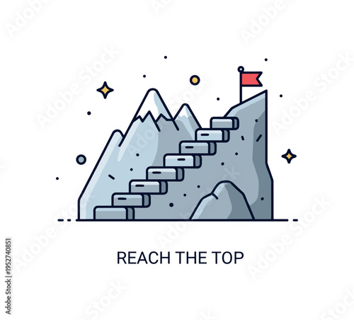 Stone steps mountain ascent idea illustrated by a simplified staircase carved into a rocky slope with a tiny flag at the top, symbolizing ambition