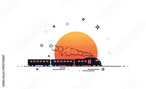 Sunset rail travel featuring a train silhouette passing beneath a large glowing sun, symbolizing adventure, reflection, and long distance exploration. Soft