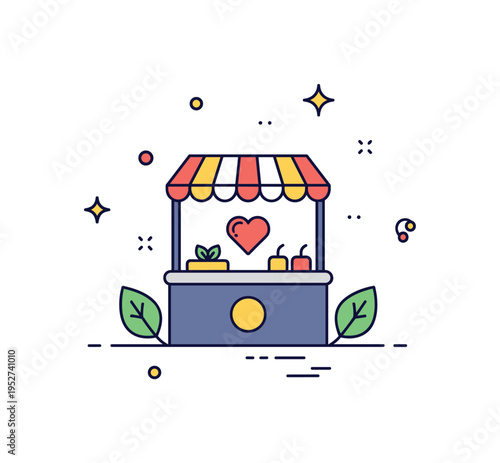 Social impact marketplace scene featuring a simple market stall icon with a heart sign and surrounding leaf accents, representing ethical trade and local
