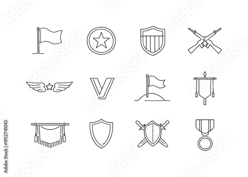 Military Banner Symbols. Minimalistic set one-line drawing battlefield flag silhouette, star within circle emblem, shield with stripes, crossed rifles badge,