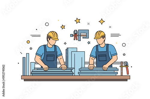 Fabricators organizing tools and metal sheets on a workbench, showcasing preparation, efficiency, and professional workflow in a steel and aluminum workshop.