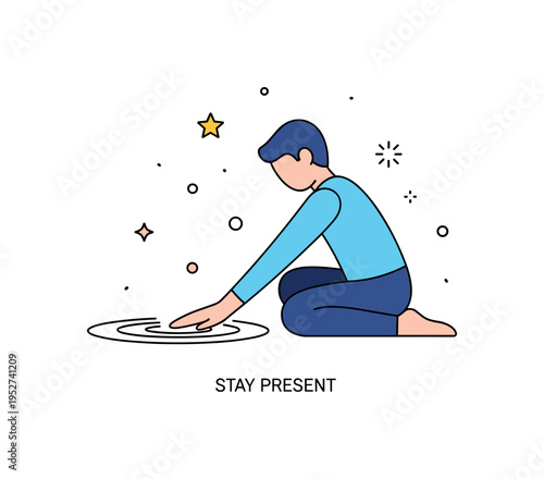 Grounding practice for emotional stability illustrated through a calm seated figure gently touching the floor with subtle ripple circles beneath the hands,
