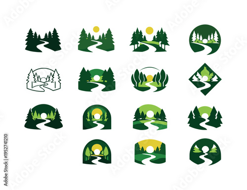 Glade. Icon set. Set Logo of Glade: forest opening path. harmonious logo variations of the same emblematic concept, each with different artistic interpretation