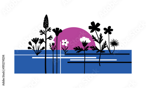 Black and white botanical illustration of wildflowers in bloom simplified into graphic shapes, large cobalt blue rectangle echoing horizon line, magenta