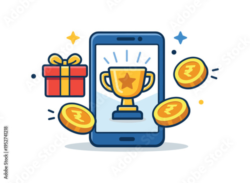 Mobile gaming rewards centered on a smartphone with floating coins and a gift box icon, expressing achievement, excitement, and instant gratification for