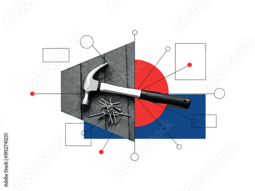 Black and white hammer and nails placed on rooftop surface, bold red circular accent centered behind the tools, deep blue rectangle grounding lower