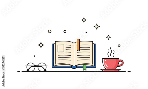 Open book on desk with a cup of coffee and glasses nearby, small decorative stars and dots suggesting focus, reading, and a cozy study environment. Minimalist