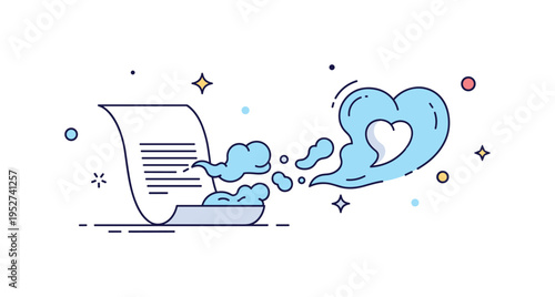 Emotional closure single sheet transforming into smoke shaped like a small heart dissolving into the air. A refined editorial illustration about acceptance,