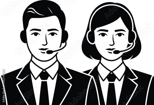 Male and female call center agents wearing headsets and suits, professional customer service support staff illustration, ideal for business, corporate communication, helpdesk, and client support mater