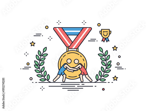 Wrestling tournament event symbolized by a central medal icon featuring two minimal grappling figures, communicating achievement and competitive spirit. Subtle