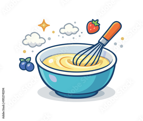 Pancake batter mixing a bowl with smooth batter being whisked while flour particles and small berry icons float around, expressing the joyful preparation stage
