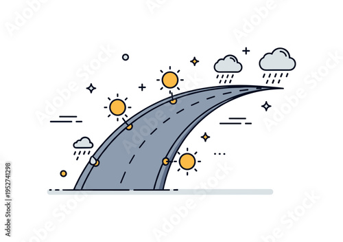 Climate responsive roadway concept featuring a road with small sun and rain icons integrated along its curve. The scene communicates adaptive materials and