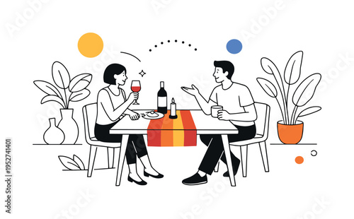 Modern dining setup. Minimal table with a bold-accent table runner, abstract plants and dots around creating rhythm. Contemporary interior feel with warmth and