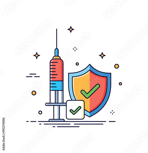 Vaccination awareness initiative shown through a medical syringe icon paired with a shield and checkmark, reinforcing prevention and public health messaging.