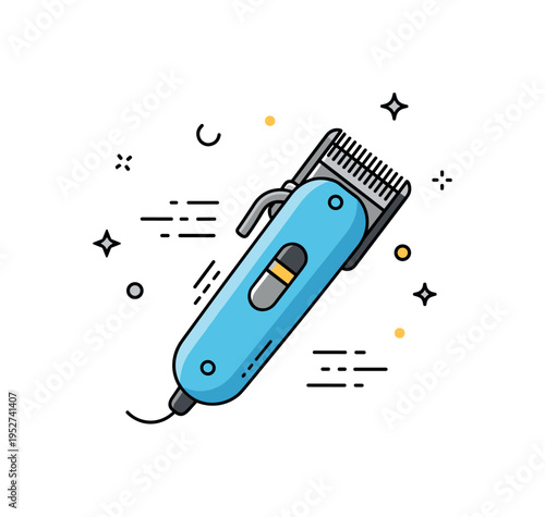 Barber clippers precision electric clipper with adjustable guard attachment displayed clearly, small motion lines suggesting trimming action. A concise visual