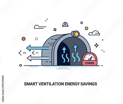 Smart ventilation energy savings in underground mining showing a tunnel silhouette with airflow arrows and a small power gauge accent, representing optimized
