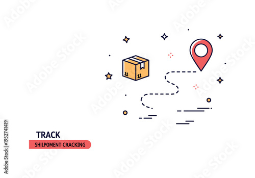 Track shipment tracking theme centered on a small delivery box icon with a dotted route line leading to a location pin. A practical visual metaphor