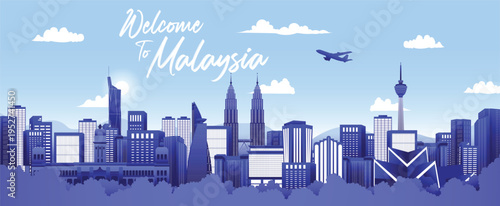 Vector design Ilustration of city of Kuala Lumpur and Malaysia flag. Malaysia Travel concept. Welcome to Malaysia.