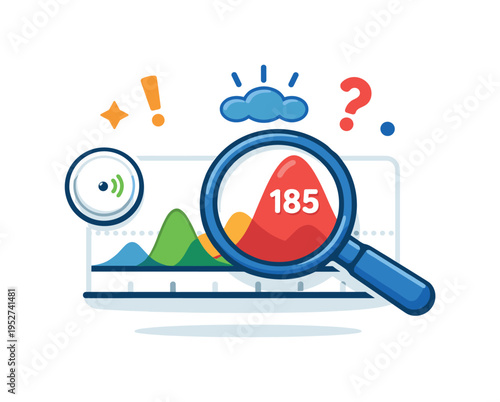 Continuous glucose monitor obsession visualized by a magnifying glass over a glucose graph with rising spikes, expressing overanalysis stress and constant