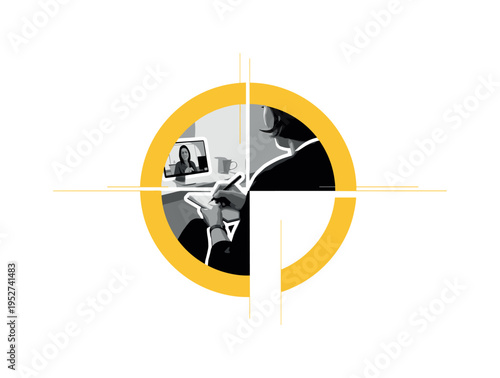 Black and white patient taking notes during a telehealth video call, intersected by a bold yellow circular frame and subtle linear elements forming structured
