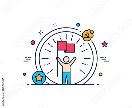 Commemorative victory badge concept featuring a minimal figure raising a flag framed inside a circular emblem with subtle rays, symbolizing remembrance and