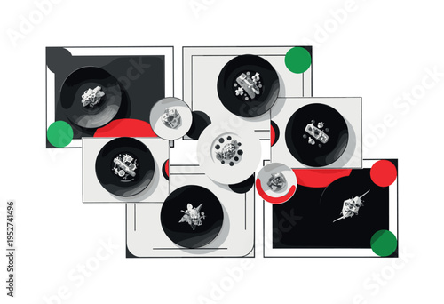 Black and white top-down arrangement of gourmet tasting menu with multiple small plates, geometric rectangles and circles organizing the layout, bold red and