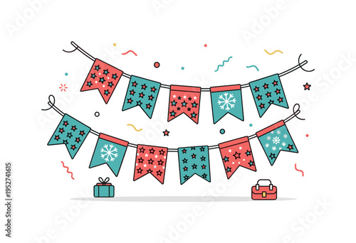 Holiday themed fabric bunting shown with patterned flags featuring small stars and snowflake motifs, conveying seasonal joy and decorative creativity. The icon