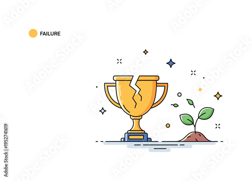 Failure as growth mindset centered on a cracked trophy transforming into a small sprouting plant, symbolizing resilience, learning, and personal development