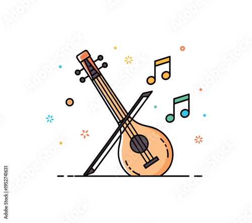 Traditional music heritage visualized by a simple string instrument placed beside small musical notes, symbolizing cultural expression passed down through