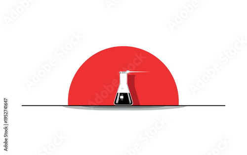 Minimalist composition featuring a small monochrome patch of meadow grass at the bottom, with a large red half-circle above like a rising sun, thin black