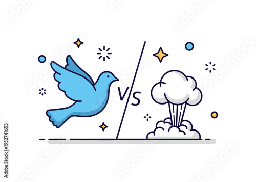Peace versus conflict illustration dove silhouette positioned opposite a small explosion cloud with dividing line between, expressing contrast between harmony