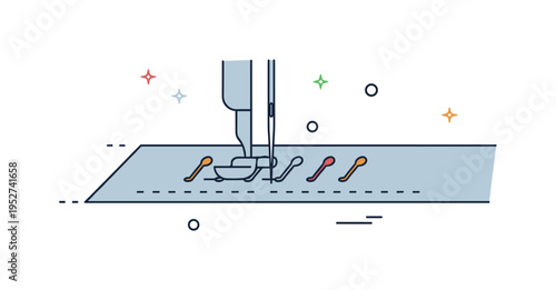 Creative stitching detail close view of a sewing machine needle forming visible stitches across fabric. A compact visual metaphor about patience, precision and