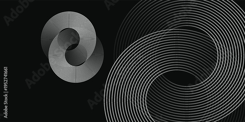 Abstract gold circle lines on dark background. Geometric stripe line art design. Modern luxury template. Suit for presentation, banner, cover, web, flyer, poster, brochure. Vector illustration