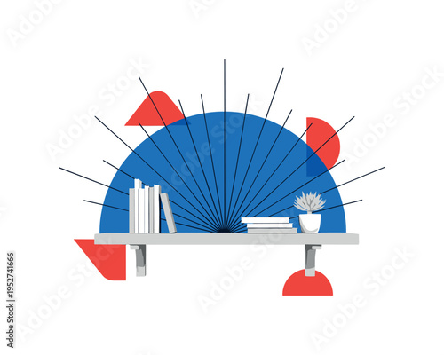 front-facing monochrome minimal shelf with books and single plant accent, surrounded by bold blue semicircle and red flat shapes, thin radiating lines implying