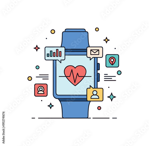 Wearable health tracking startup concept featuring a smartwatch with heartbeat line and tiny progress indicators, symbolizing proactive monitoring and personal