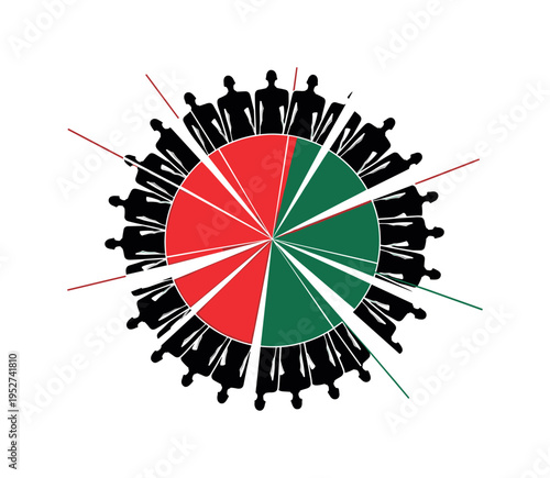 Black and white runway model silhouette duplicated in a circular pattern, bold red semicircle and dark green rectangular shapes forming dynamic rotation, sharp
