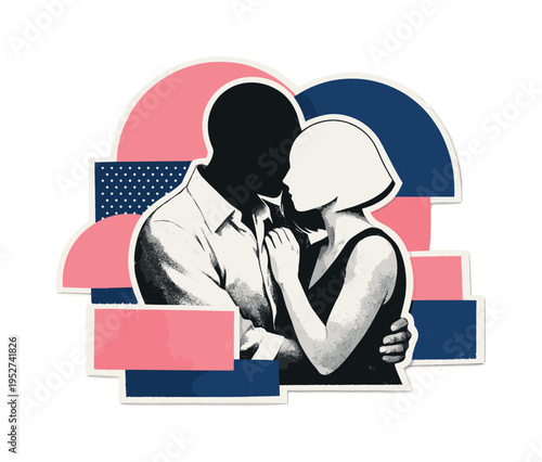 Conceptual modern-retro graphic collage depicting a faceless romantic moment, black and white upper bodies close together, heads suggested only by simple