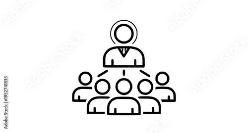 A black and white line art icon depicting a central leader overseeing a group of team members
